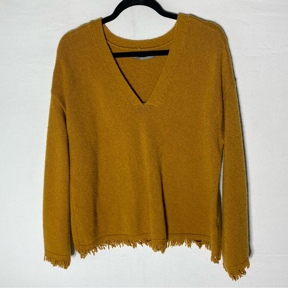 Anthropologie Mustard Yellow Wool Alpaca Blend Knit V Neck Sweater W Fringe XL